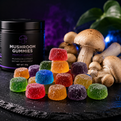 Colorful mushroom gummies on a dark background representing mushroom gummies in Canada