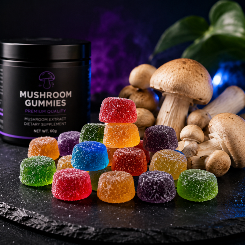 Colorful mushroom gummies on a dark background representing mushroom gummies in Canada