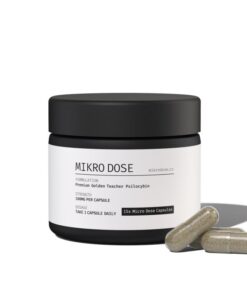 Front view of Mikro Dose brand premium wellness supplement container with custom graphic label